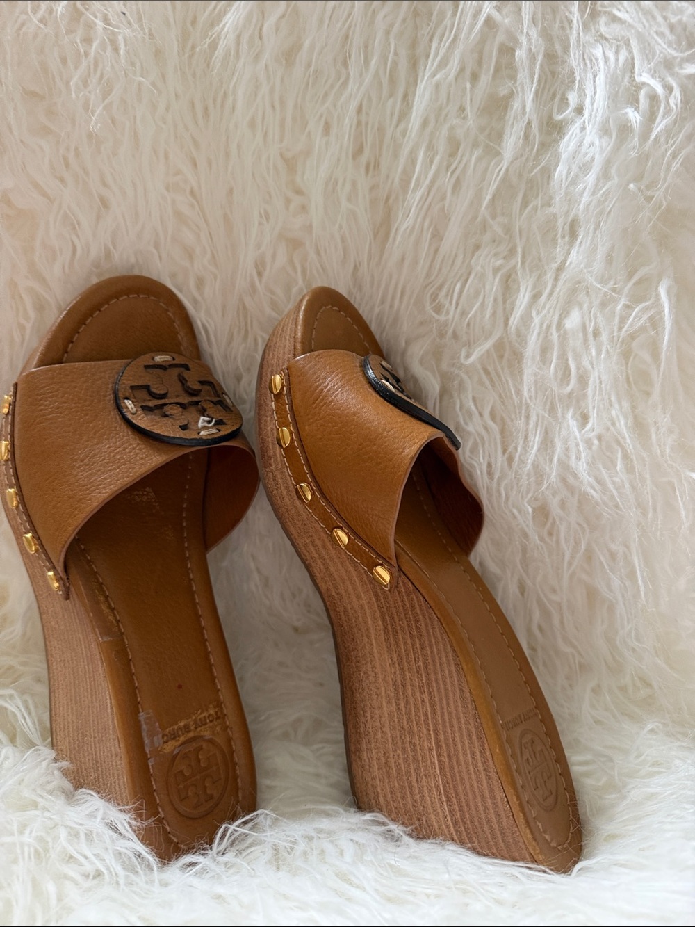 Tory Burch Cognac Leather Logo Slide Mules - Picture 2 of 6